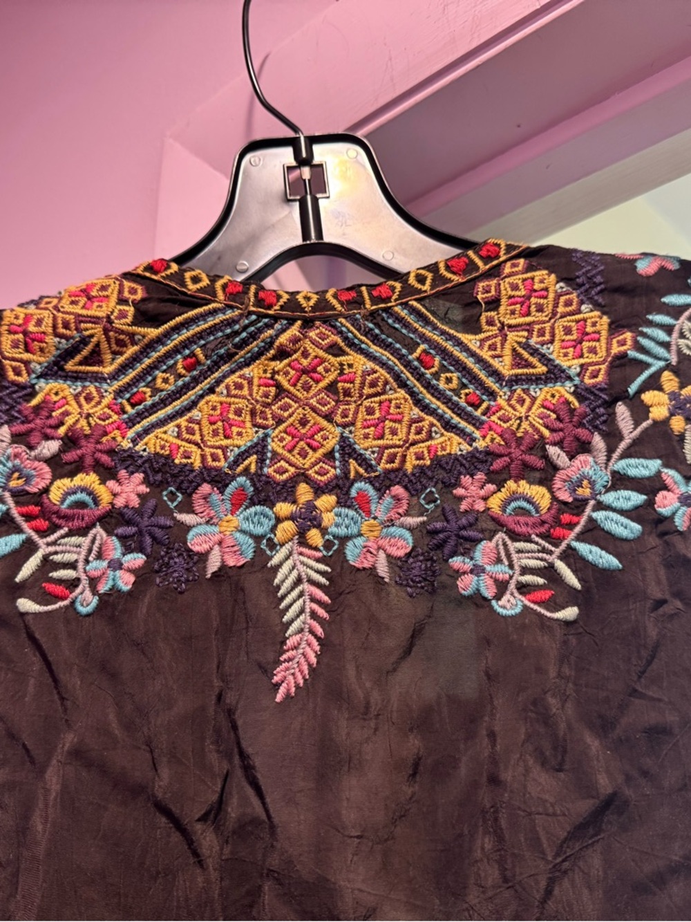 Johnny Was Size L Black Embroidered V-Neck Tunic with Multi-Color Floral Detail - Picture 9 of 9